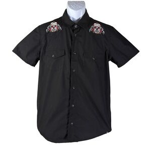 Rude Western Shirt Mens Medium Black Sugar Skull Embroidered Short Sleeve Snap